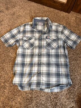 Carhartt Men’s Short-Sleeve Plaid Button-Down Shirt - Gray/White/Blue